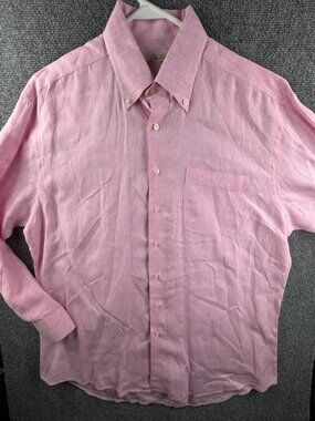 Peter Millar All Linen Large Pink Button Up Shirt Long Sleeve Pocket Adult Beach